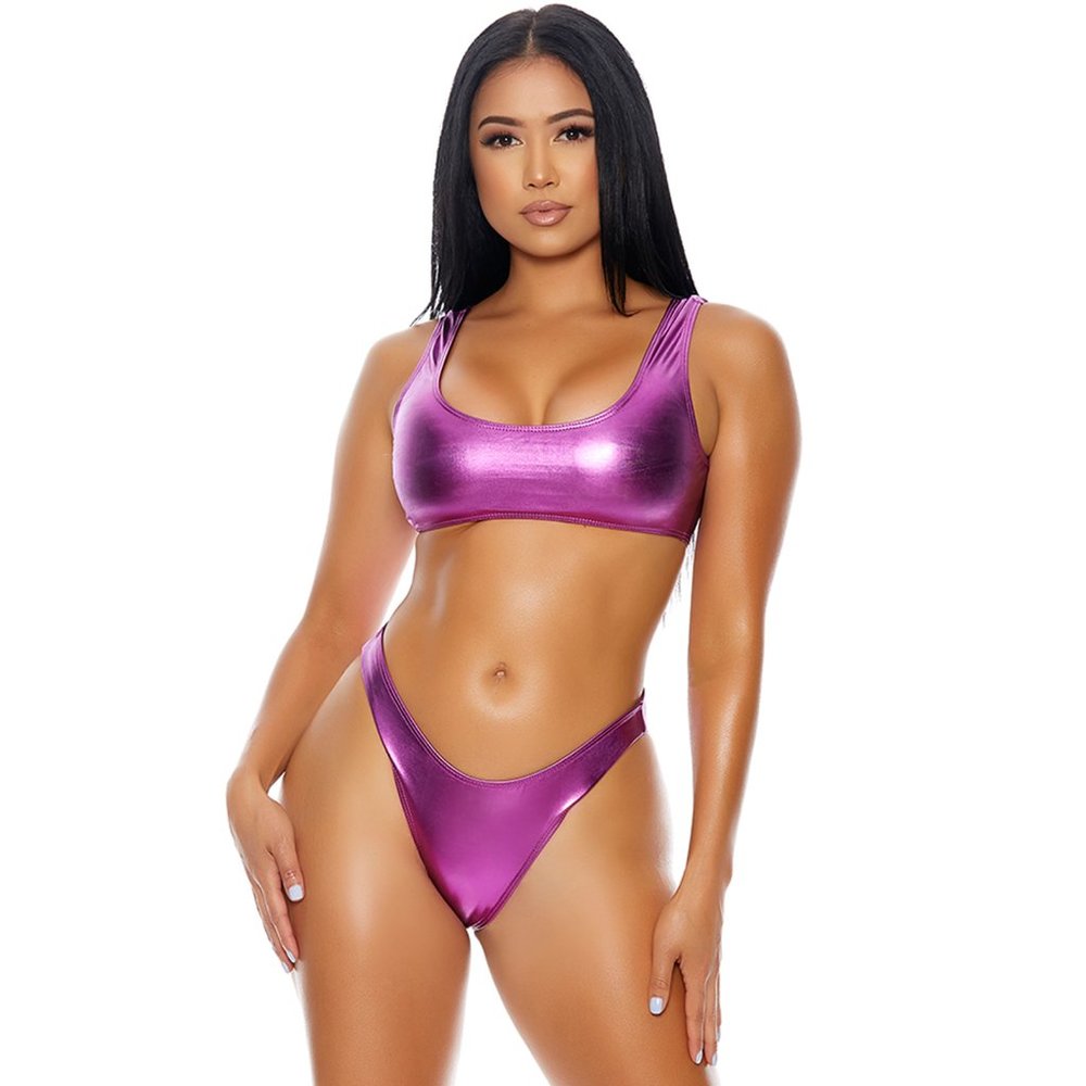 Sporty Bikini Set Tank Top with High Cut Bottoms - Metallic Pink